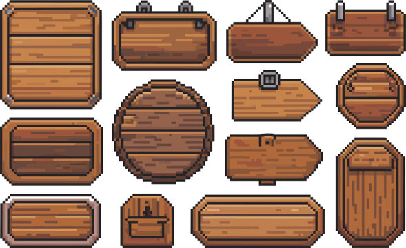 Professional set of rustic pixel art wooden signs and UI elements with warm lighting for navigating vintage game menus.