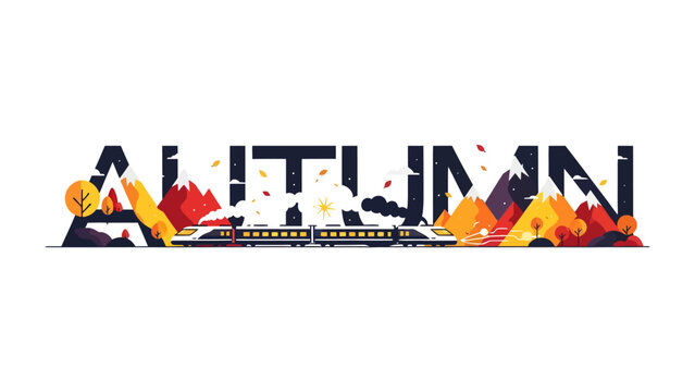 Autumn Express: A stylized typographic illustration featuring the word Autumn creatively designed with a scenic landscape depicting mountains, trees.