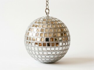 Obraz premium A shiny silver disco ball covered in small square mirrors hangs suspended by a chain against a plain white background.