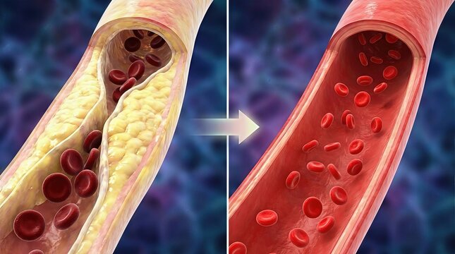 Vessel structure comparison: lipid profile, plaque accumulation, artery health, blood flow, vascular obstruction, cardiac risk, healthful state, systemic impact.