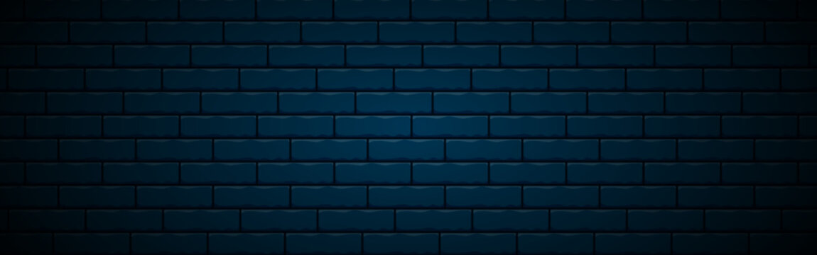 Dark blue nightly realistic brick wall. Navy blue brick background design. Vector illustration abstract banner.