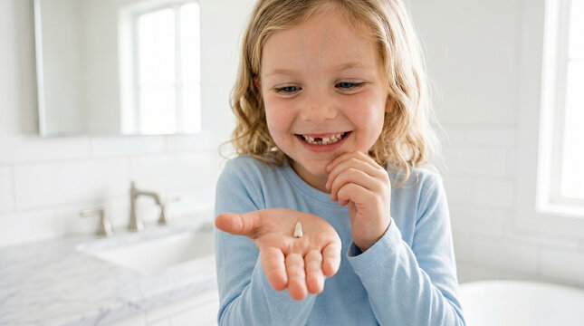 Little girl showing missing tooth and smiling at camera at home