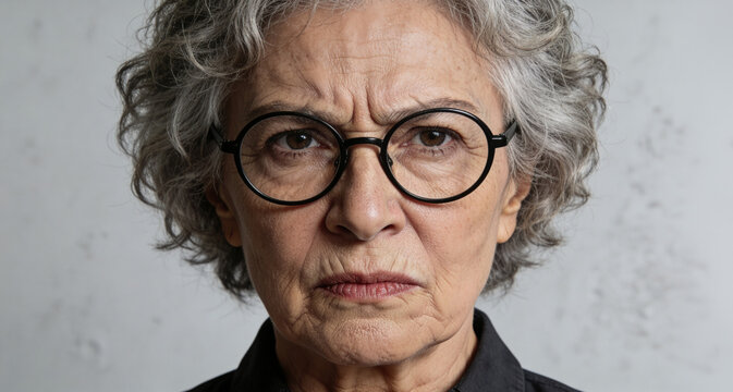 Serious older woman with gray hair wearing round glasses. Portrait of aging lady looking at camera with focused expression. Wisdom, experience and maturity concept. Authentic facial feature.