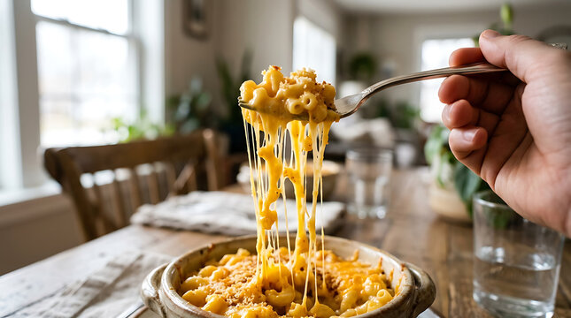 Delicious macaroni and cheese being lifted by a fork, showcasing gooey cheese strings and baked topping