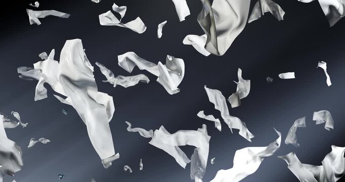 3d close-up animation of illuminated heterogeneous floating microplastic particles. Flat translucent fragments, gray rough flakes, and debris textures are clearly visible among the particles.
