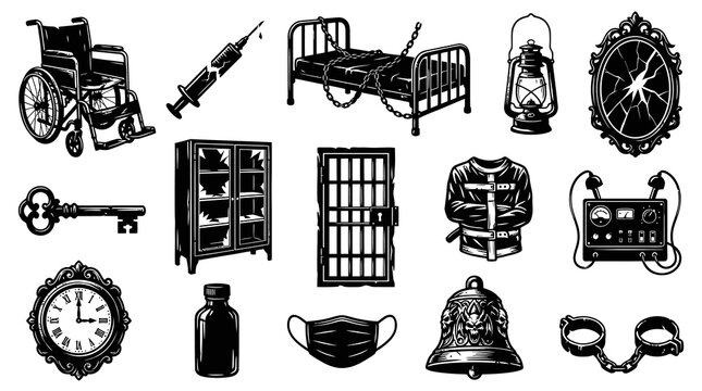 Vintage Asylum Horror Elements Set. Black and White Line Art Illustration of Mental Hospital and Psychological Thriller Objects.