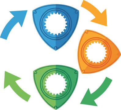 Three colorful Wankel rotary engine rotors with internal gears and circular motion arrows.