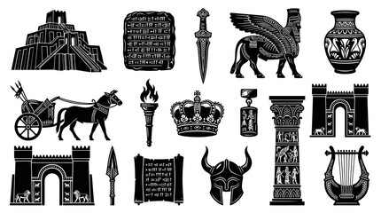 Obraz premium Ancient History Mythology Line Art Vector Icons: Archaeological Artifacts Ancient Civilizations Symbols Set.