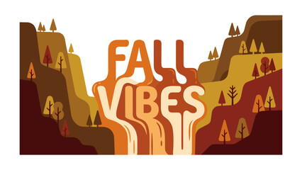 Autumn Waterfall with Fall Vibes Text: A stylized waterfall cascades down a valley, with the words FALL VIBES integrated into the flowing water, surrounded by autumn foliage and trees. © Mohammad