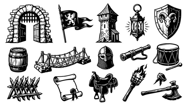 Medieval Fantasy Historical Objects Vector Set: Vintage Hand-Drawn Black  White Line Art Icons