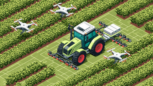 green tractor with crop duster airplanes operating in lush farmland for agricultural efficiency and modern farming practices