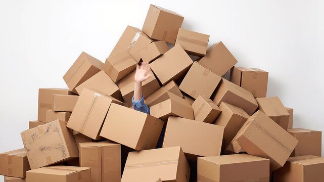 Hand reaching out from pile of cardboard boxes. Overwhelmed person buried under delivery packages in white studio. Tilt up shot.