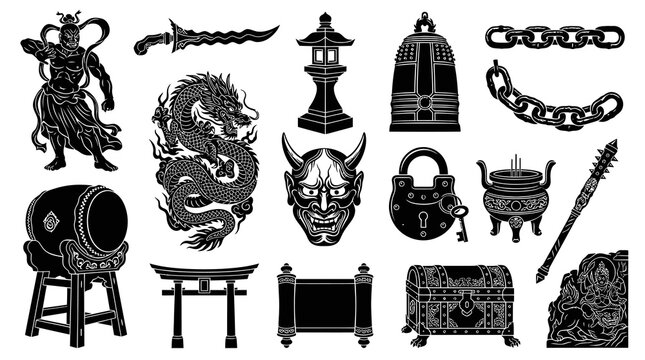 Japanese Cultural Icons: Dragon, Samurai, Torii, Drum, Oni Mask, Chest Vector Art