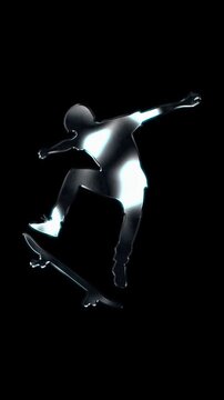 Silver metallic male skateboarder performing trick silhouette. Alpha channel. Seamless loop video.