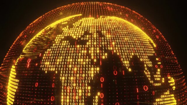 Digital globe composed of glowing binary digits in orange and yellow tones, symbolizing global data connectivity, technological networks, and worldwide information exchange.