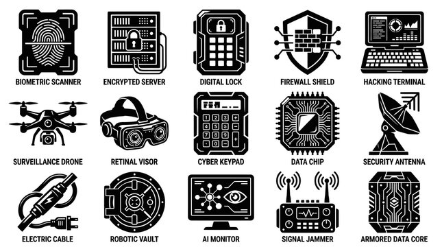 Security Technology Icons: Biometric Scanner, Server, Drone, AI Monitor, Cyber Security
