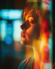 Fototapeta premium Soft light glows through a window, capturing a woman's profile