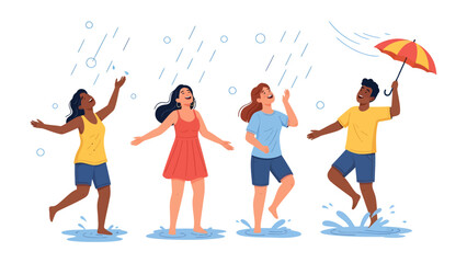 Obraz premium Joyful Rain Dance: A group of friends embraces the downpour with open arms and joyful hearts, splashing in puddles and dancing under a vibrant umbrella.
