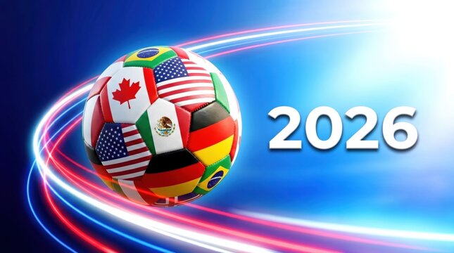 A soccer ball featuring national flags representing the 2026 FIFA World Cup host countries: Canada, USA, and Mexico, set against a vibrant blue background with dynamic light trails.