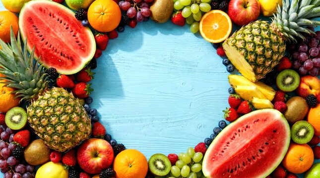 A vibrant assortment of fresh fruits including watermelon, pineapple, oranges, grapes, kiwi, and strawberries arranged in a circular frame on a blue wooden surface.