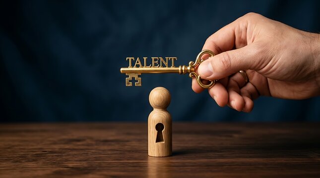 Hand holding a golden key with talent text above a wooden figure with a keyhole cutout