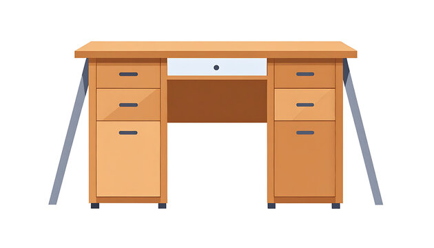 Simple wooden desk with drawers and angled legs, isolated on a white background, ideal for office or study setup