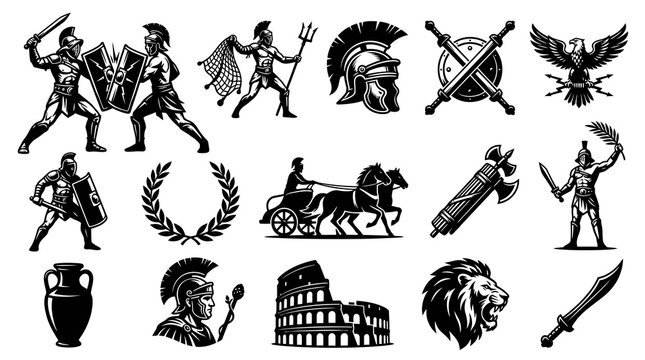 Ancient Roman Empire Icons Set: Gladiators, Historical Symbols  Monuments - Black and White Vector Art