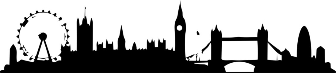 Fototapeta premium London skyline silhouette highlights the giant observation wheel and historic bridge landmarks arranged in a clean monochromatic graphic format.