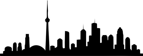 Naklejka premium Toronto skyline silhouette depicts the tall communication tower and modern urban buildings isolated on a plain background for digital layout design.