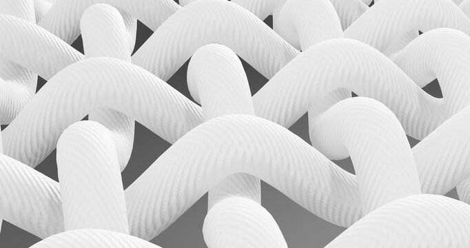 3d close-up animation showing the ordered structure of white intertwined fibers.  The composition is made in a minimalistic style, symbolizing durability, purity, quality of textiles and modern techno