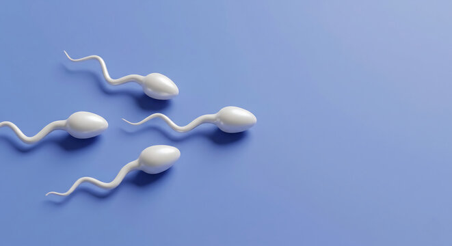 four white glossy 3D sperm models swim toward the right side against a solid purple-blue background