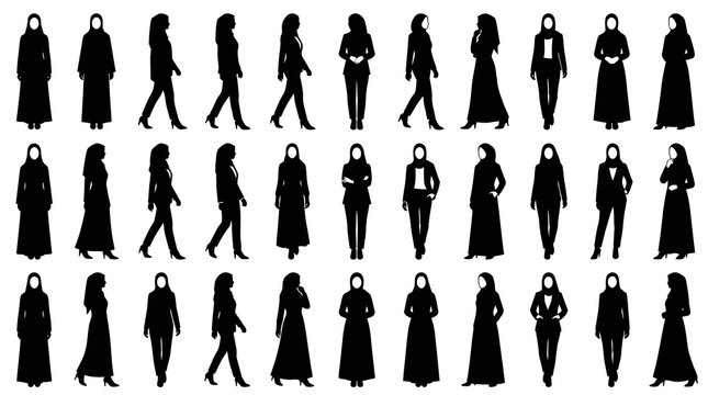 Muslim Women Silhouette Vector Collection: Diverse Hijab Figures in Business and Traditional Attire