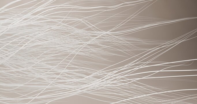 3d illustration of dynamic growth and movement to the right of white, thin fibers, threads. The fine hairs of cotton and wool thin out and bend gently. The frame symbolizes natural growth, purity, sof