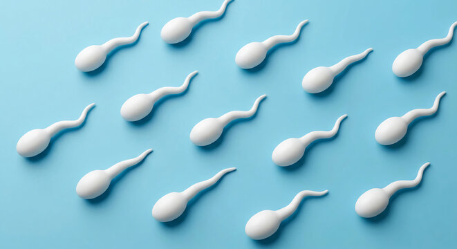 Multiple white 3D sperm models swimming diagonally upward across a plain light blue background.