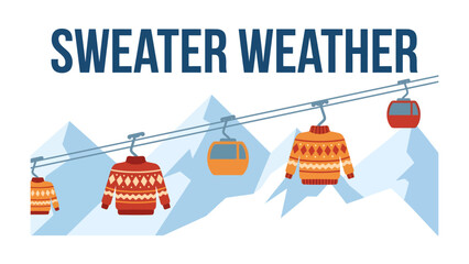 Sweater Weather Above Snowy Peaks: Four colorful knitted sweaters hang suspended from a ski lift cable, ascending towards majestic, snow-capped mountains under a clear blue sky. © Md