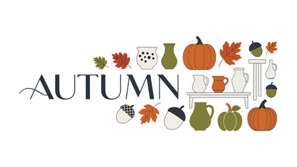 Autumn Harvest Decor: A whimsical collection of autumnal elements, including pumpkins, acorns, maple leaves, and ceramic vases. © Mst