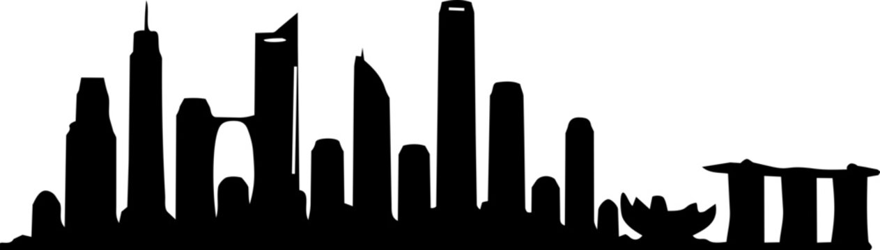 Skyscrapers form a detailed black silhouette representing the urban skyline of Singapore against a plain white background.
