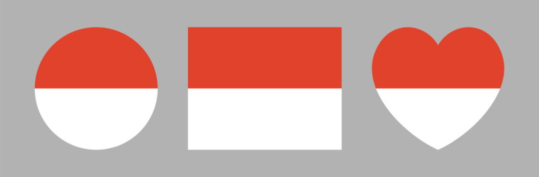 Monaco flag rectangular, round, heart icon, background. Monaco heart, circle, rectangle flag banner, sticker set. National Monaco flag rounded button, badge.