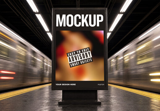 Vertical Billboard Mockup in Subway Station with Moving Trains