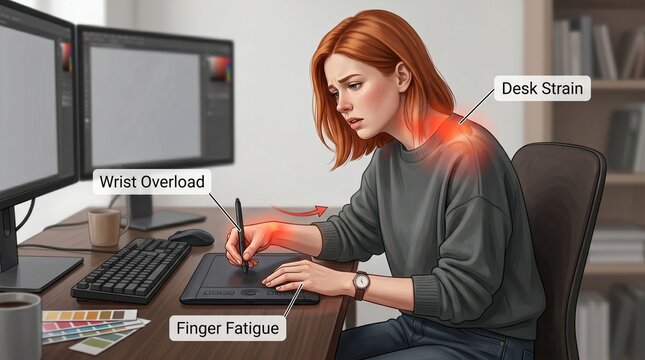 Woman experiences wrist overuse and finger strain while working on computer at desk