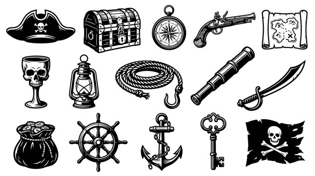 Black and White Pirate Accessories Set - Vintage Engraving Style Maritime Adventure Items