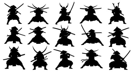 Obraz premium Samurai Warrior Silhouettes: Black White Vector Art