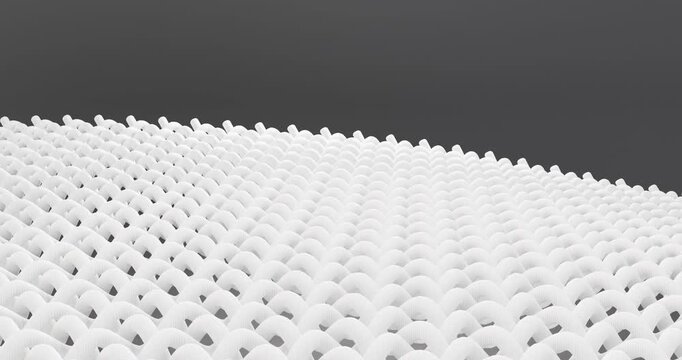 3d macro close-up animation, the structure of a white woven fabric. Thick, smooth threads undulate with each other, creating a feeling of smooth movement or bending of the canvas. The composition is m