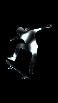 Silver metallic female skateboarder performing trick silhouette. Alpha channel. Seamless loop video.