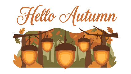 Autumn Greeting with Acorn Lanterns: A whimsical illustration captures the essence of autumn with glowing acorn lanterns hanging from tree branches. © Md