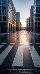 Obraz premium City street scene with wet road and buildings at sunset