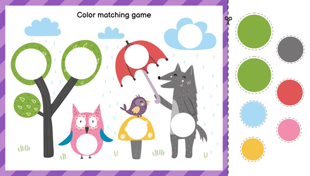 Color matching game for kids with cute forest animals in the rain. Educational cut and paste activity worksheet with wolf, owl and bird. Vector illustration