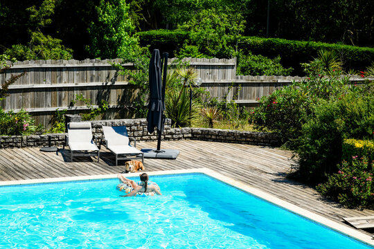 Beautiful young girl enjoying relaxing in the pool during a heatwave with her dog