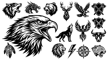 Fototapeta premium Vector Art Collection of Wild Animals, Mythical Creatures, and Symbolic Mascots in Black White Engraving Style