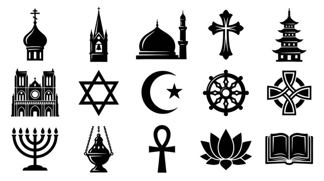 Faith  Religion Glyph Icon Set. Black  White Symbols  Buildings Vector Collection for Spirituality.